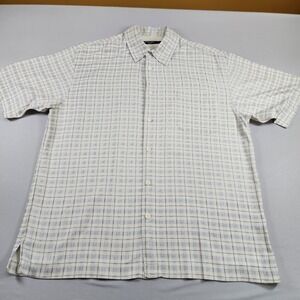 Toscano Men's Beige Plaid L 100% Silk Dress Button Up Shirt Washable Beach